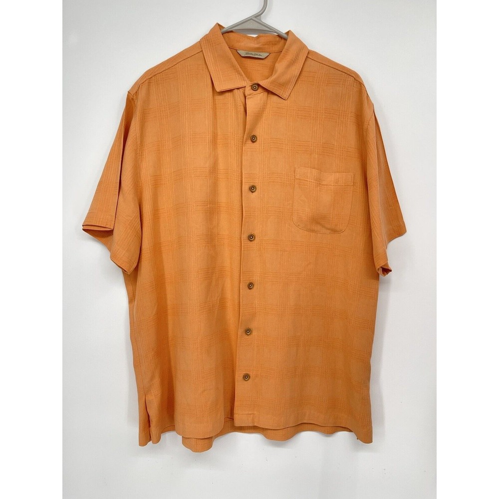 Paradise Collection XL Silk Button Up Shirt Mens Orange Excellent Tonal Grid